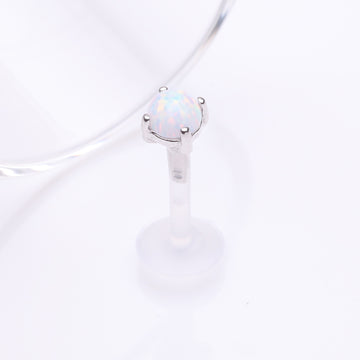 Detail View 1 of 14 Karat White Gold Fire Opal Prong Set Top Bio-Flex Labret-White Opal